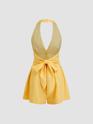 Linen-blend V-neck Button Bowknot Backless Romper