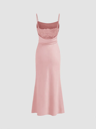 Satin Square Neck Ruched Lace Maxi Dress