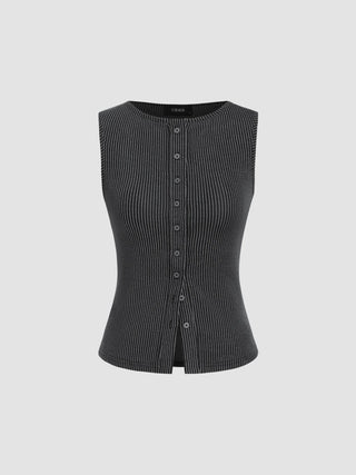 Round Neckline Stripe Button Through Tank Top