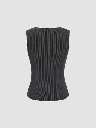 Round Neckline Stripe Button Through Tank Top