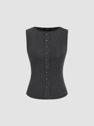Round Neckline Stripe Button Through Tank Top