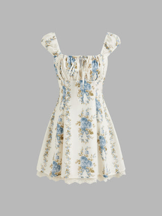 Square Neck Floral Knotted Mini Dress