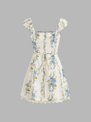 Square Neck Floral Knotted Mini Dress