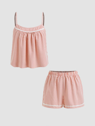 Cotton-blend U-neckline Stripe Lace Trim Cami Top & Mid Rise Elastic Waist Shorts Loungewear Set