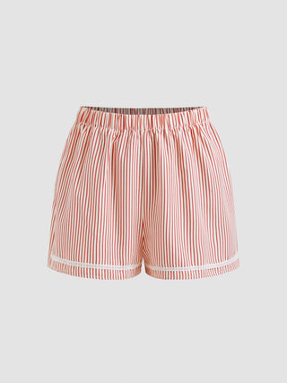 Cotton-blend U-neckline Stripe Lace Trim Cami Top & Mid Rise Elastic Waist Shorts Loungewear Set