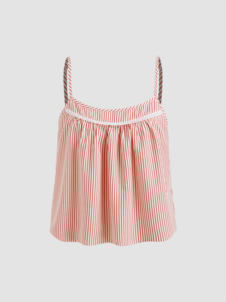 Cotton-blend U-neckline Stripe Lace Trim Cami Top & Mid Rise Elastic Waist Shorts Loungewear Set