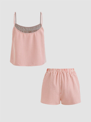 Cotton-blend U-neckline Stripe Lace Trim Cami Top & Mid Rise Elastic Waist Shorts Loungewear Set