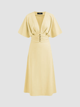 Wedding Wedding Guest Dress wedding guest wedding Linen-blend Linen-blend V-neck Solid Ruffle Ruched Midi Dress For Work