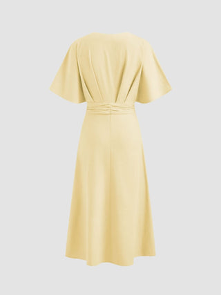 Wedding Wedding Guest Dress wedding guest wedding Linen-blend Linen-blend V-neck Solid Ruffle Ruched Midi Dress For Work
