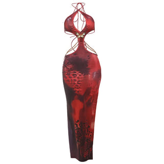 Halter self tie slit metal chain print maxi dress