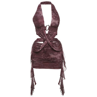 Halter hollow out self tie print o ring cut out mini dress