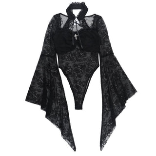 Long flared sleeve ruched lace button bodysuit