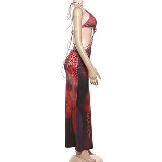 Halter self tie slit metal chain print maxi dress