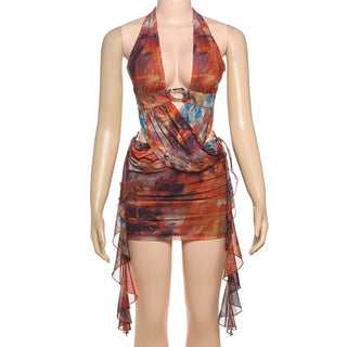 Halter hollow out self tie print o ring cut out mini dress