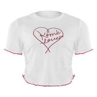 Crewneck short sleeve ruffle letter embroidery top