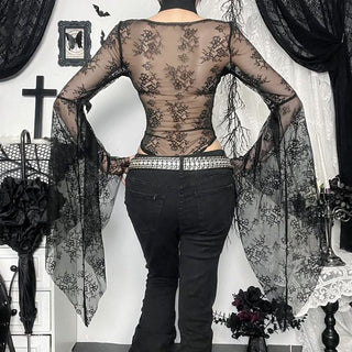 Long flared sleeve ruched lace button bodysuit