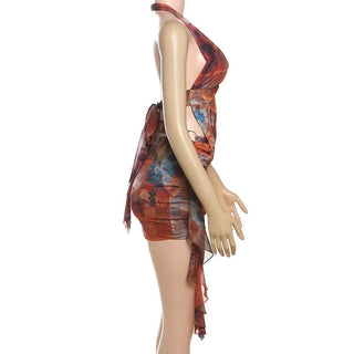 Halter hollow out self tie print o ring cut out mini dress