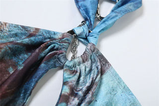 Ruched hollow out print metal chain cut out mini dress