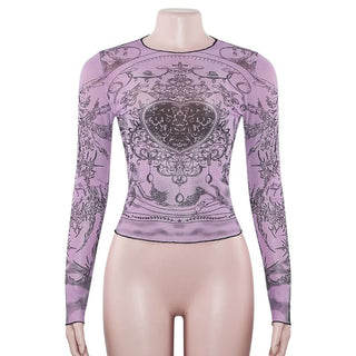 Crewneck long sleeve sheer mesh print top