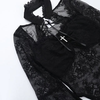 Long flared sleeve ruched lace button bodysuit