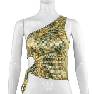 One shoulder hollow out camouflage self tie cut out top