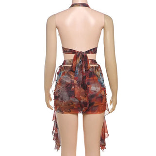 Halter hollow out self tie print o ring cut out mini dress