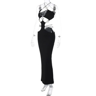 Hollow out o ring cross front slit cut out maxi dress