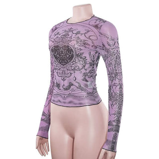 Crewneck long sleeve sheer mesh print top