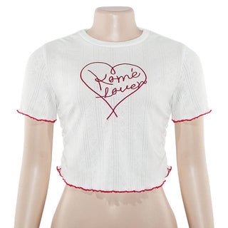 Crewneck short sleeve ruffle letter embroidery top