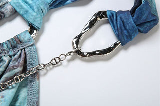 Ruched hollow out print metal chain cut out mini dress