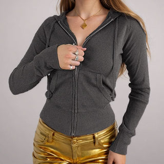 Zip-up long sleeve hoodie ribbed pocket top