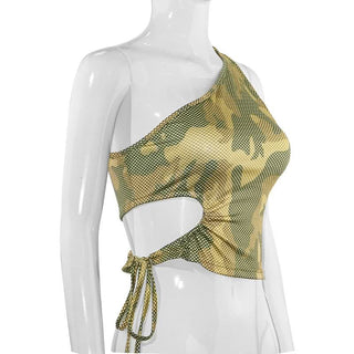 One shoulder hollow out camouflage self tie cut out top