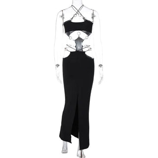 Hollow out o ring cross front slit cut out maxi dress