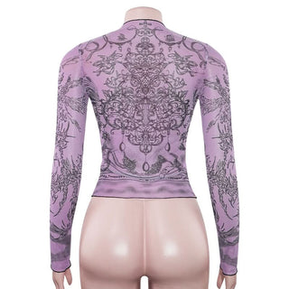Crewneck long sleeve sheer mesh print top