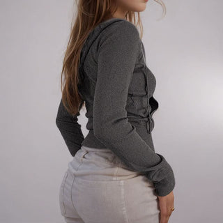 Zip-up long sleeve hoodie ribbed pocket top