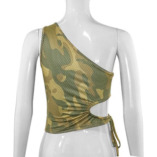 One shoulder hollow out camouflage self tie cut out top