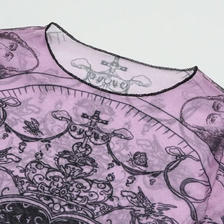 Crewneck long sleeve sheer mesh print top