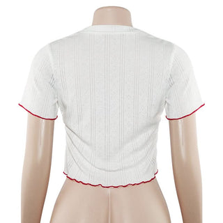 Crewneck short sleeve ruffle letter embroidery top