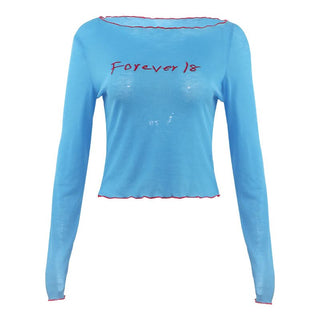 Long sleeve ribbed letter embroidery top