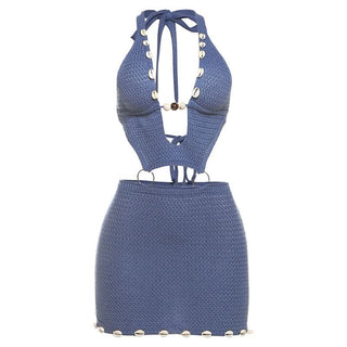 Halter self tie o ring hollow out knitted cut out mini dress