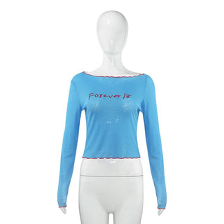 Long sleeve ribbed letter embroidery top