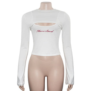 Long sleeve hoodie lace hem embroidery 2 piece top