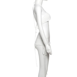 Hollow out halter self tie solid backless pant set