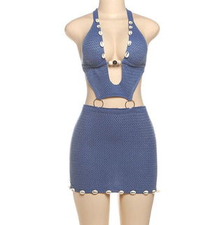 Halter self tie o ring hollow out knitted cut out mini dress