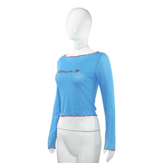 Long sleeve ribbed letter embroidery top