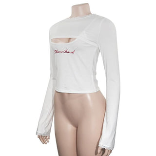 Long sleeve hoodie lace hem embroidery 2 piece top