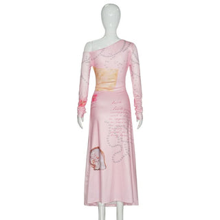 Long sleeve irregular flower print ruched maxi dress