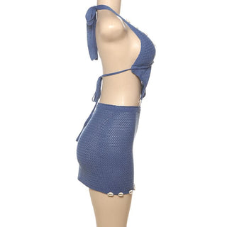 Halter self tie o ring hollow out knitted cut out mini dress