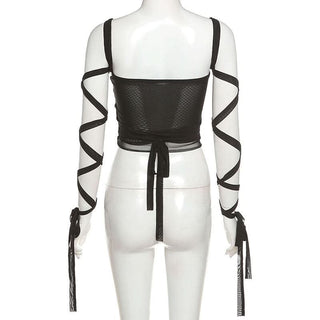 Self tie square neck mesh solid cami top