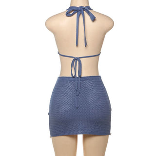 Halter self tie o ring hollow out knitted cut out mini dress